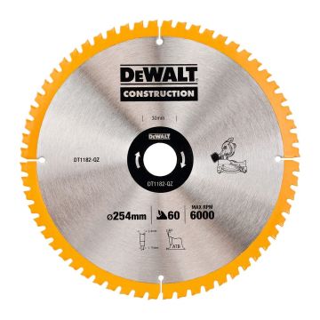 DeWALT DT1182 - Pílový kotúč Construction na drevo s klincami, 254×30mm, 60 zubov