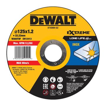 DeWALT DT43904 - Rezný kotúč HIGH PERFORMANCE na antikorovú oceľ, 125×22,2×1,2mm, Typ 1 - plochý