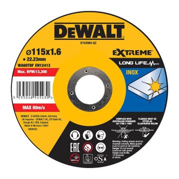 DeWALT DT43905 - Rezný kotúč HIGH PERFORMANCE na antikorovú oceľ, 115×22,2×1,6mm, Typ 1 - plochý