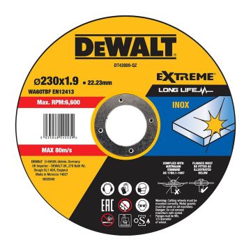 DeWALT DT43909 - Rezný kotúč HIGH PERFORMANCE na antikorovú oceľ, 230×22,2×1,9mm, Typ 1 - plochý