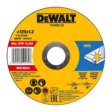 DeWALT DT43922 - Kotúče HIGH PERFORMANCE na rezanie antikorovej ocele, 125×22,23×1,2mm - plechovka 10ks