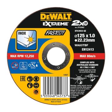 Dewalt DT43932 - Rezný kotúč Extreme® na antikorovú oceľ, 125×22,2×1,0mm, Typ 1 – plochý
