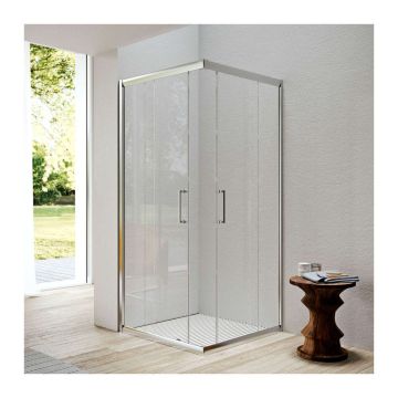 Glass 1989 Isy - Sprchový kút rohový vstup s posuvnými dverami alebo kompatibilný s bočnou stenou, veľkosť 100 cm, profily chrómové, číre sklo, GEX0005T500