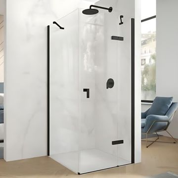 Hüppe Astra - Krídlové dvere s pevným segmentom 1000x2000 mm pre 4-uholník, upevnenie vpravo, profil Black Edition, číre sklo s Anti-Plaque PX0104.123.322