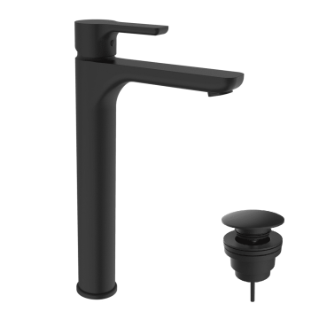 Teorema Goodlife - Umývadlová batéria vysoká stojanková s Clic-Clac zátkou, Matná čierna 86347BB