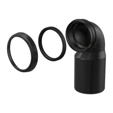 AlcaPlast M906 - Koleno odpadu 90° k závesnej WC mise, redukcia DN 90 × DN 110, dĺžka 205 mm, PE, čierna